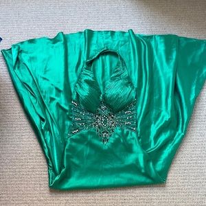 Green prom dress / ball gown / evening gown with sheer waist panel and jewels